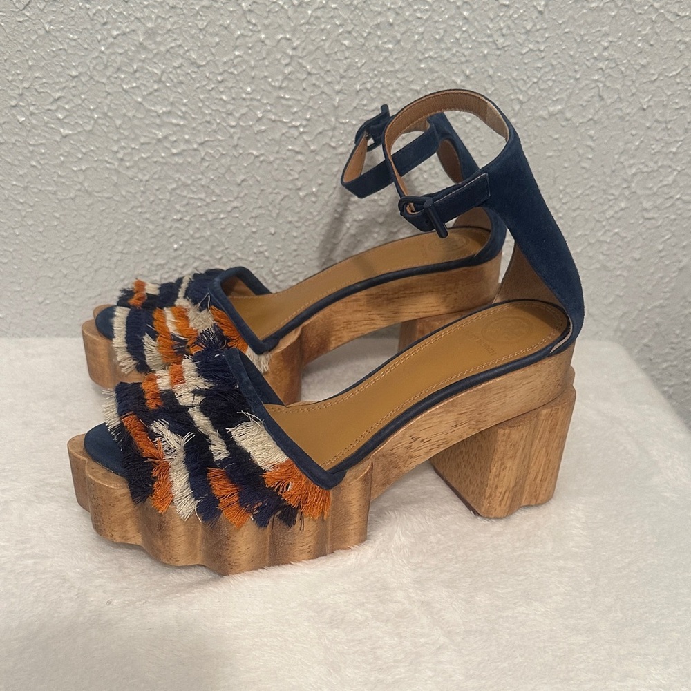 Tory Burch ALMA PLATFORM WOODEN Navy, Orange, and White Sandals, Size : 8.5 - Picture 6 of 14